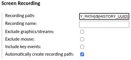 Configuring session recording with the path containing the history UUID