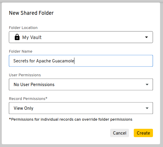 Shared folder creation dialog.