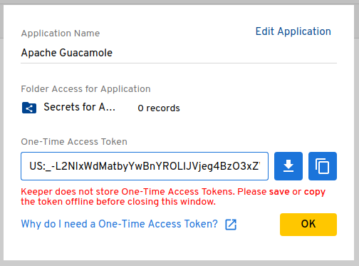Application creation confirmation dialog showing the generated one-time token.